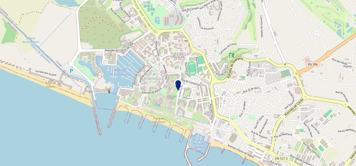 Map of Vilamoura showing the location of Ideal Clínica on Estrada de Quarteira